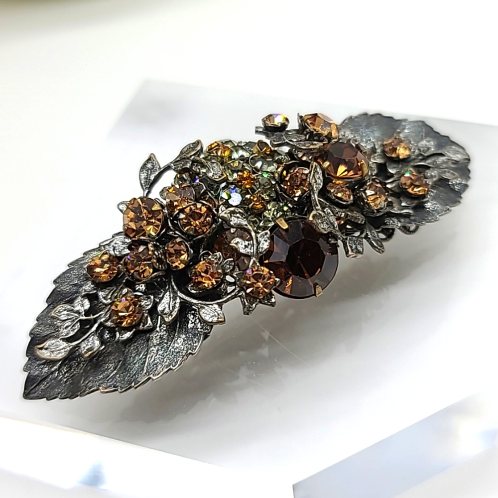 Vintage DeMario NYC Bronze Austrian Crystal Brooch on Sterling Silver! 👑